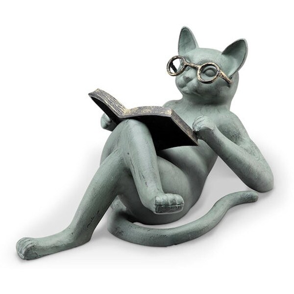 Literary Cat Garden Sculpture Kitten Reading Book Statue Aluminum